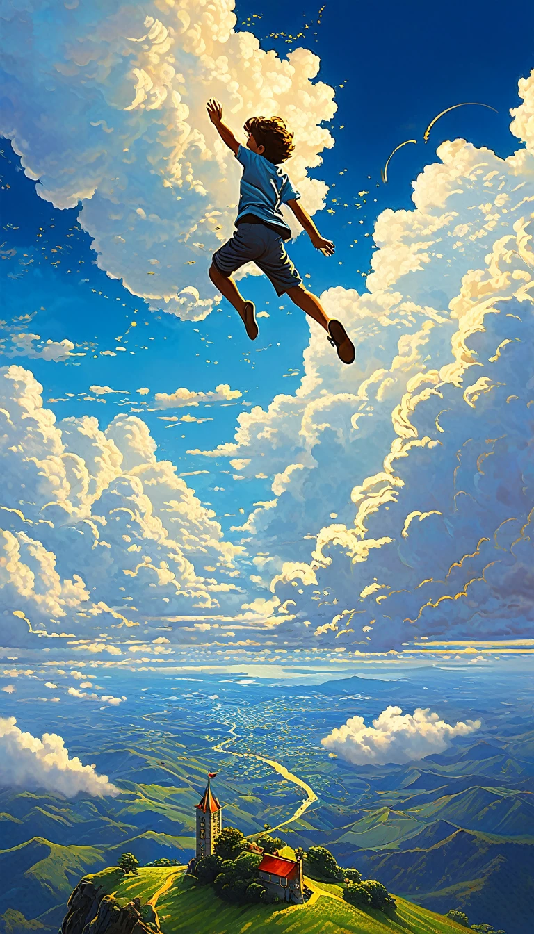 ANIME masterpiece, boy falling from the sky, pure background clouds golden edges, Style ULTRA Kilian Eng y Thomas Kinkade, Rob Gonsalves y Tim White., silvain sarriel, Rhads y Thomas Kinkade, inspired by RHADS, cyril rolando and m.I&#39;m confused, cyril rolando and m. I&#39;m confused, Rhads!!!