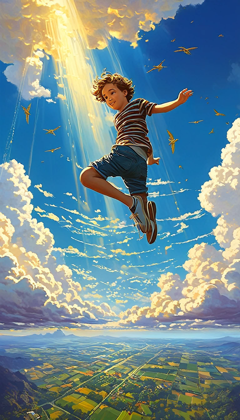 ANIME masterpiece, boy falling from the sky, pure background clouds golden edges, Style ULTRA Kilian Eng y Thomas Kinkade, Rob Gonsalves y Tim White., silvain sarriel, Rhads y Thomas Kinkade, inspired by RHADS, cyril rolando and m.I'm confused, cyril rolando and m. I'm confused, Rhads!!!