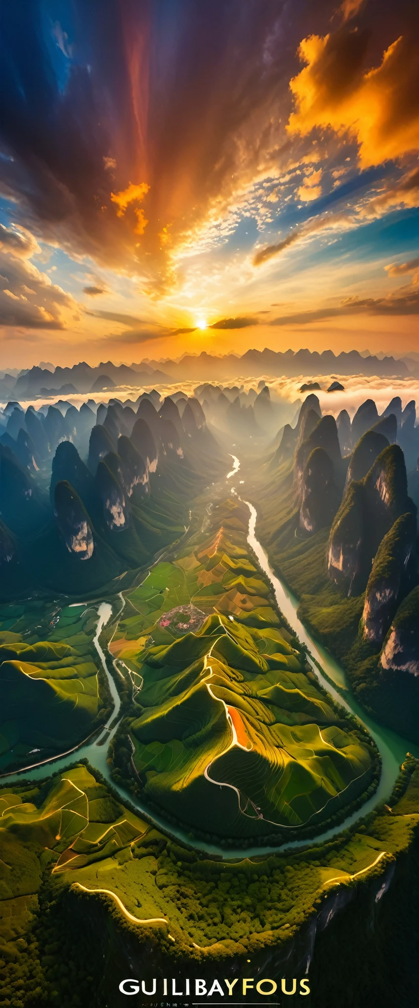 (Highest quality),(masterpiece:1.2),(Very detailed:1.2),Ultra-high resolution,RAW color photos,8K,Vast landscape photography,Realistic photos,Elaborate photos,Skydiving viewpoint,Written boundary depth,Sharp focus,In the clouds,Guilin,Sunset,Beautiful colors,Written boundary depth,Wide Light,Low contrast,Backlight,Sharp focus,Vibrant colors,moving composition