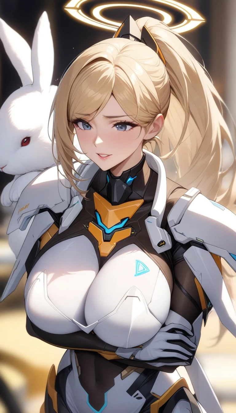 masterpiece, best quality, very aesthetic, absurdres, 1girl, mature_lady, hug 2 big white rabbits,upper body,,mercy(overwatch),1girl, mechanical_halo, mechanical_wings, halo, headgear, blonde_hair, ponytail, bodysuit,armor, boobplate, breastplate, faulds, gloves, gorget, large_breasts, pelvic_curtain,,in heaven,blur background,background defocus