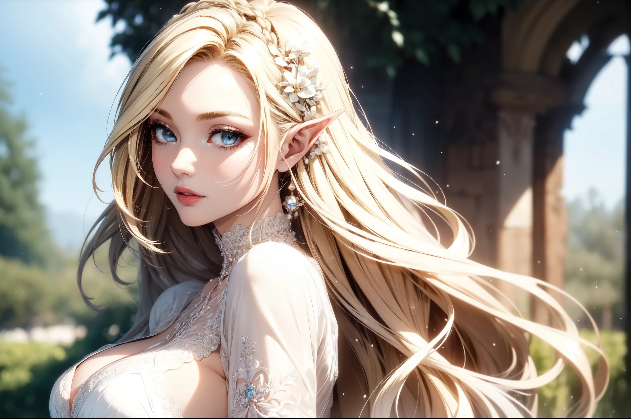 (masterpiece, best quality, beautiful and aesthetic:1.3), (A beautiful elf lady), look back, side view, 1 elf girl, (solo:1.3), light smile, (honey blonde hair streaked beige:1.4), (Gradient sliver hair ends:1.6), hair strand, absurdly long hair, single sidelock, wavy hair, shiny hair, floating hair, (sky blue eyes), delicate eyes, aqua eyes, super high detailed eyes, long upper eyelashes, eyes makeup, red lips, Focus on face, Very detailed facial, (Pretty Face:1.3), Perfect medium chest, slim body, porcelain skin, (Delicate skin texture:1.2), (Highly detailed skin:1.2), bridal veil, lace-trimmed dress, see-through, wedding dress, (outdoors), white roses, garden, (morning), detailed background, beautiful background, standing, whole body, extreme detailed, Edge lighting, two color lights, 8K UHD, Bokeh, イーブイの絵, soft light, Volumetric lighting, confess, warm tone