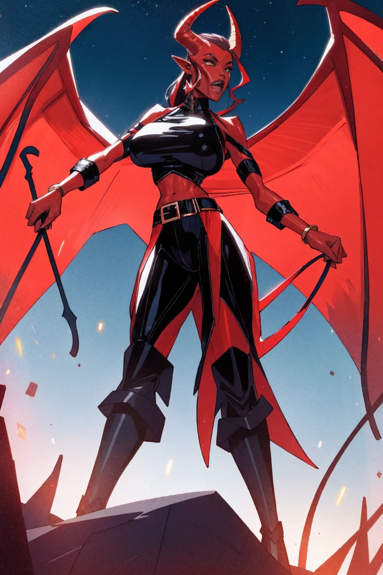 Red skin succubus tiefling, digitigrade legs, full breasts, huge breasts, black horns, wings, huge tail, black leather, crop top, long flowing pelvic curtain, tall, athletic, graceful, thin, long black ponytail. Action scene, whip. Dark scene, explosions, night sky.