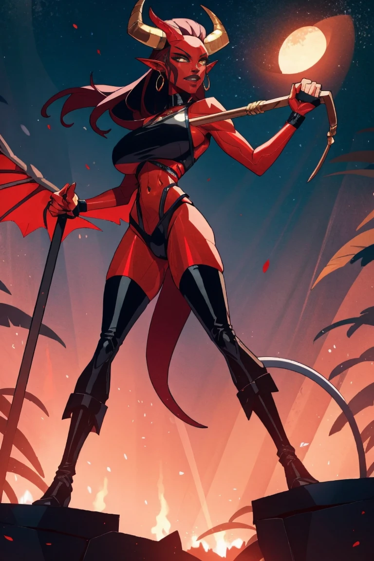 Red skin succubus tiefling, digitigrade legs, full breasts, huge breasts, black horns, wings, huge tail, black leather, crop top, long flowing pelvic curtain, tall, athletic, graceful, thin, long black ponytail. Action scene, whip. Dark scene, explosions, night sky.
