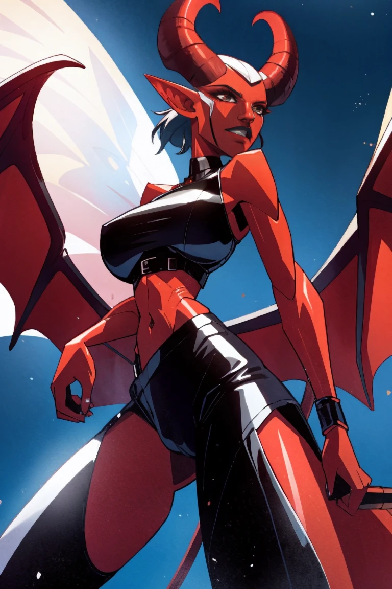 Red skin succubus tiefling, digitigrade legs, full breasts, huge breasts, black horns, wings, huge tail, black leather, crop top, long flowing pelvic curtain, tall, athletic, graceful, thin, long black ponytail. Action scene, whip. Dark scene, explosions, night sky.