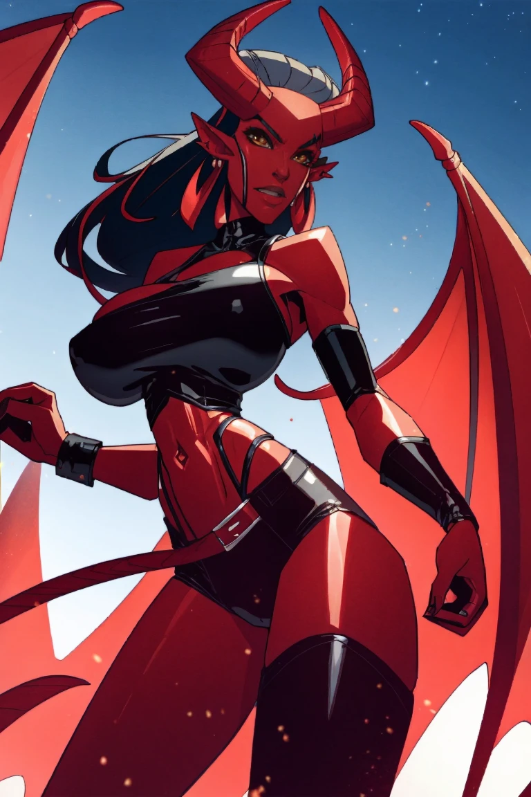 Red skin succubus tiefling, digitigrade legs, full breasts, huge breasts, black horns, wings, huge tail, black leather, crop top, long flowing pelvic curtain, tall, athletic, graceful, thin, long black ponytail. Action scene, whip. Dark scene, explosions, night sky.