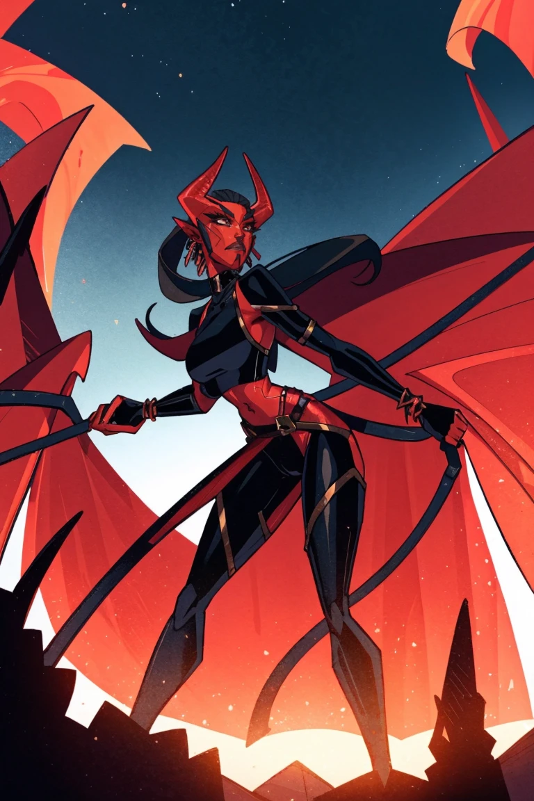 Red skin succubus tiefling, digitigrade legs, full breasts, huge breasts, black horns, wings, huge tail, black leather, crop top, long flowing pelvic curtain, tall, athletic, graceful, thin, long black ponytail. Action scene, whip. Dark scene, explosions, night sky.