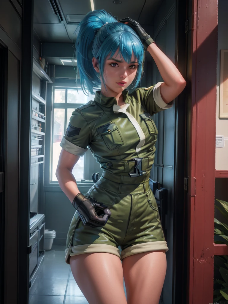 30-year-old woman, alone, athletic, blue hair tied in a ponytail, wears green military shorts, wears a green military top, wears dark gloves, has military boots, high resolution, perfect image, very detailed, high contrast, colors digital, simple, medium shot, cinematic, ultra-sharp focus, award-winning photography, perfect contrast, high sharpness, depth of field, ultra-detailed photography. global illumination, fluid, ultra high definition, 8k, Unreal Engine 5, ultra sharp focus, award-winning photography, Art Season Trends,
