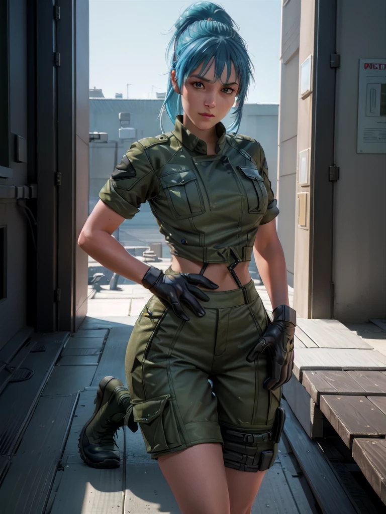 30-year-old woman, alone, athletic, blue hair tied in a ponytail, wears green military shorts, wears a green military top, wears dark gloves, has military boots, high resolution, perfect image, very detailed, high contrast, colors digital, simple, medium shot, cinematic, ultra-sharp focus, award-winning photography, perfect contrast, high sharpness, depth of field, ultra-detailed photography. global illumination, fluid, ultra high definition, 8k, Unreal Engine 5, ultra sharp focus, award-winning photography, Art Season Trends,
