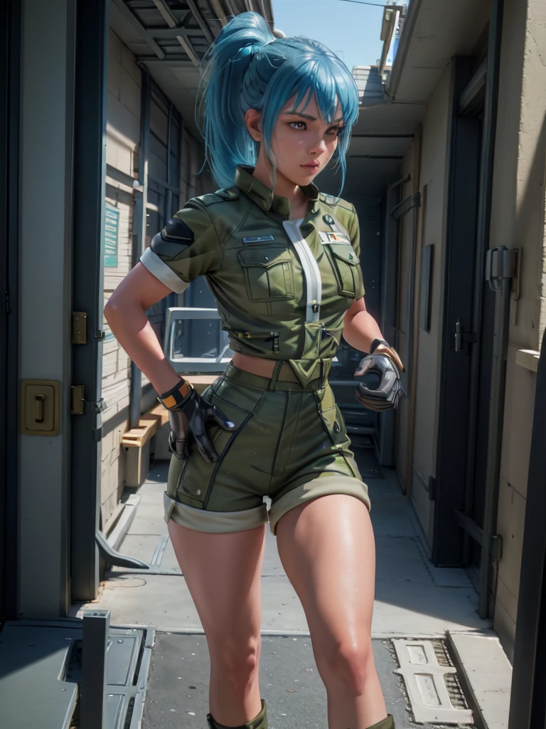 30-year-old woman, alone, athletic, blue hair tied in a ponytail, wears green military shorts, wears a green military top, wears dark gloves, has military boots, high resolution, perfect image, very detailed, high contrast, colors digital, simple, medium shot, cinematic, ultra-sharp focus, award-winning photography, perfect contrast, high sharpness, depth of field, ultra-detailed photography. global illumination, fluid, ultra high definition, 8k, Unreal Engine 5, ultra sharp focus, award-winning photography, Art Season Trends,
