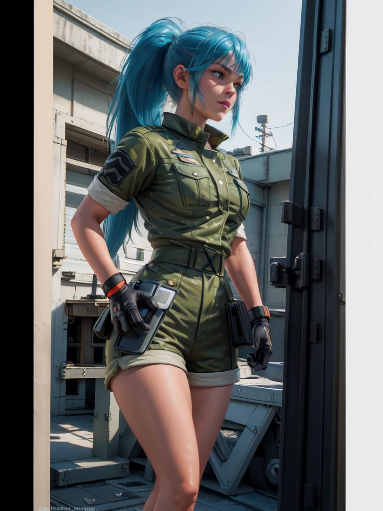 30-year-old woman, alone, athletic, blue hair tied in a ponytail, wears green military shorts, wears a green military top, wears dark gloves, has military boots, high resolution, perfect image, very detailed, high contrast, colors digital, simple, medium shot, cinematic, ultra-sharp focus, award-winning photography, perfect contrast, high sharpness, depth of field, ultra-detailed photography. global illumination, fluid, ultra high definition, 8k, Unreal Engine 5, ultra sharp focus, award-winning photography, Art Season Trends,
