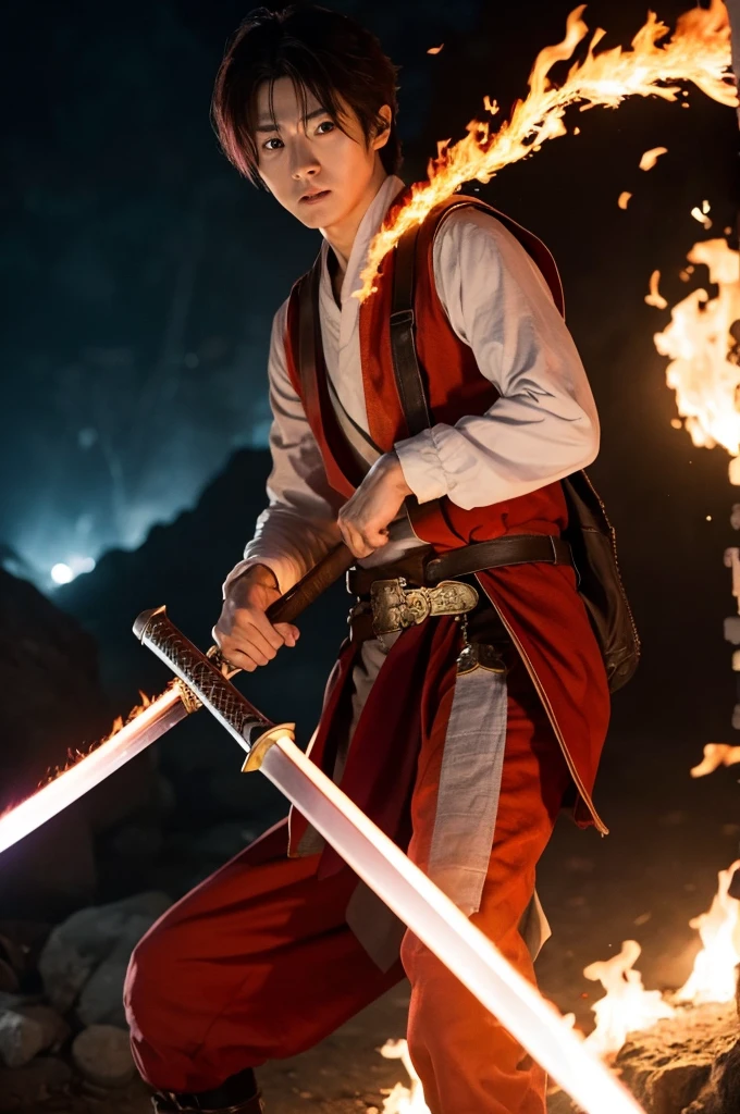 Character with a flaming sword、live-action、male、It's dynamic、good looking、Real、high resolution、