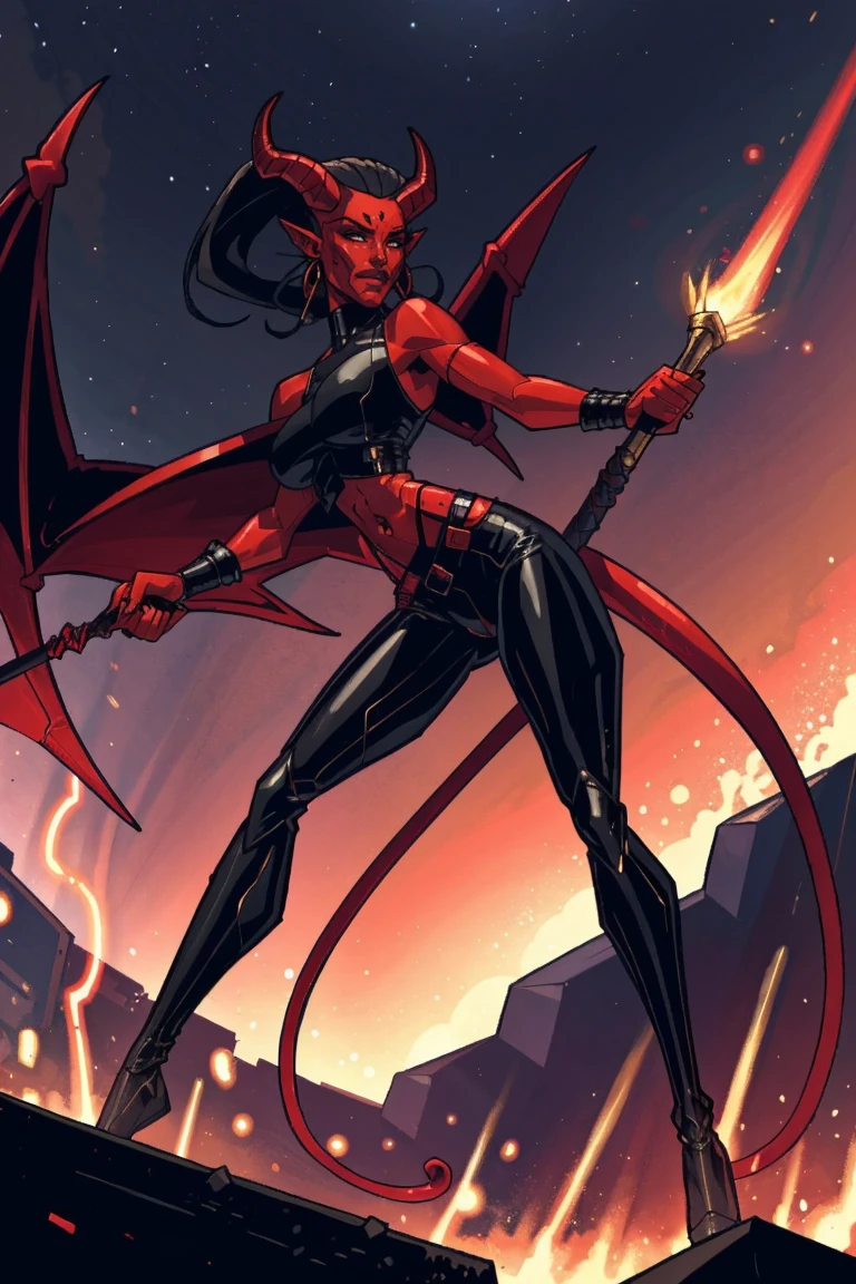 Red skin succubus tiefling, digitigrade legs, full breasts, huge breasts, black horns, wings, huge tail, black leather, crop top, long flowing pelvic curtain, tall, athletic, graceful, thin, long black ponytail. Action scene, whip. Dark scene, explosions, night sky.