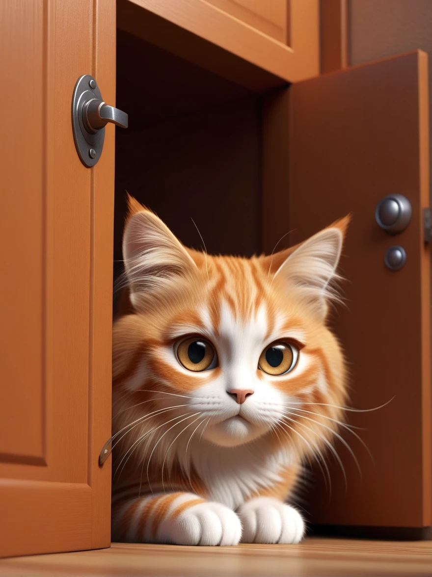 ginger cat with long hair and big eyes, peeking out from behind a door with a curious look, in a style rendered in cinema4d, adorable characters, light shades, Rudolf Belarski, blink-and-you'll-miss-the-detail, dramatic shading, cartoon caricatures