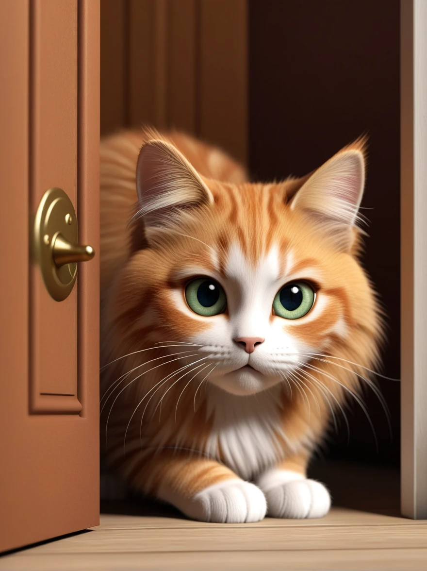 ginger cat with long hair and big eyes, peeking out from behind a door with a curious look, in a style rendered in cinema4d, adorable characters, light shades, Rudolf Belarski, blink-and-you'll-miss-the-detail, dramatic shading, cartoon caricatures