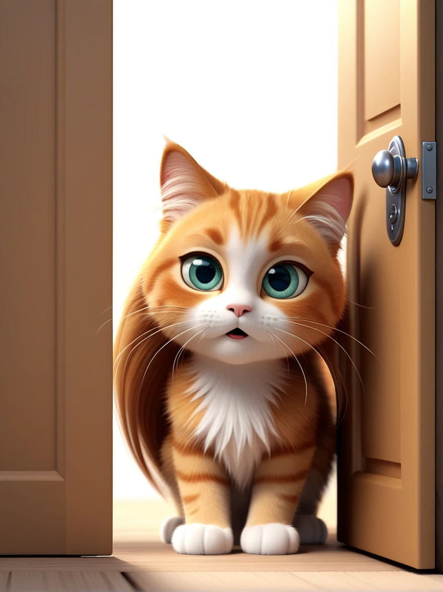 ginger cat with long hair and big eyes, peeking out from behind a door with a curious look, in a style rendered in cinema4d, adorable characters, light shades, Rudolf Belarski, blink-and-you'll-miss-the-detail, dramatic shading, cartoon caricatures