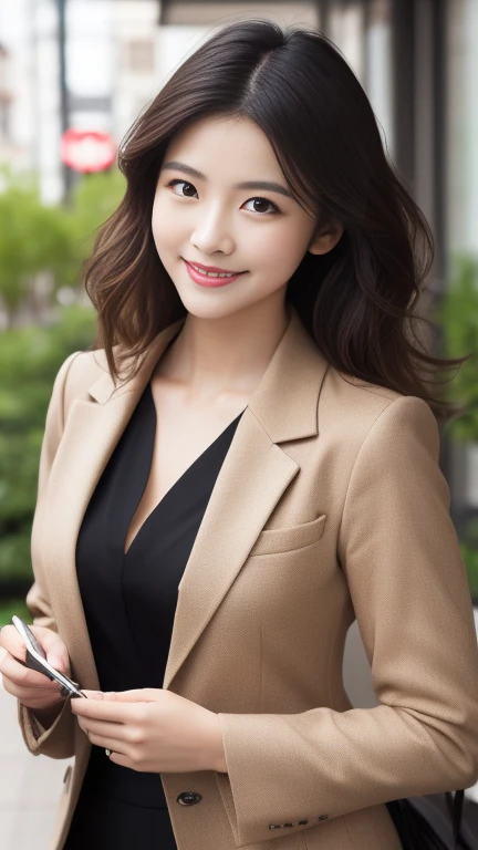 1 adult woman, longye hair, curly hair, black hair color, smooth skin, eyes browns, sorrido, vegetation, Occasional, Businesswoman style clothes, light brown blazer, realisitic, with background in a fancy restaurant, 8k super realisitic, super detalhado e realisitic
