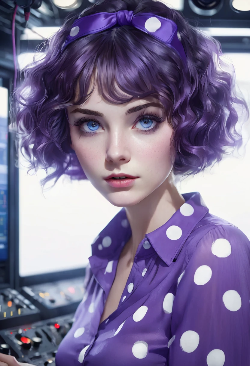 1 woman, in front of a control panel, wearing a purple blouse with white polka dots, detailed facial features, detailed large blue feminine eyes, detailed white skin, messy blue curly long bob hair, strong lighting, envious expression on her face, composition cold cinematic, atmospheric fog, beautiful face, thin chin, beautiful woman, feminine and beautiful, cute face, 16 years old (best quality, 4K, 8K, high resolution, art: 1.2), ultra-detailed, (realistic, photorealistic, photorealistic: 1.37 )
