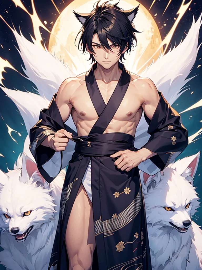 Kitsune de 9 colas, masculine,  with yukata, muscles in the chest