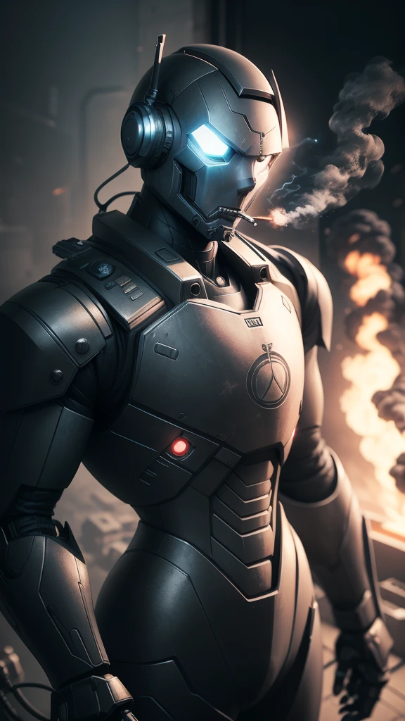 A calm iron robot in a black suit smoking a cigarette 