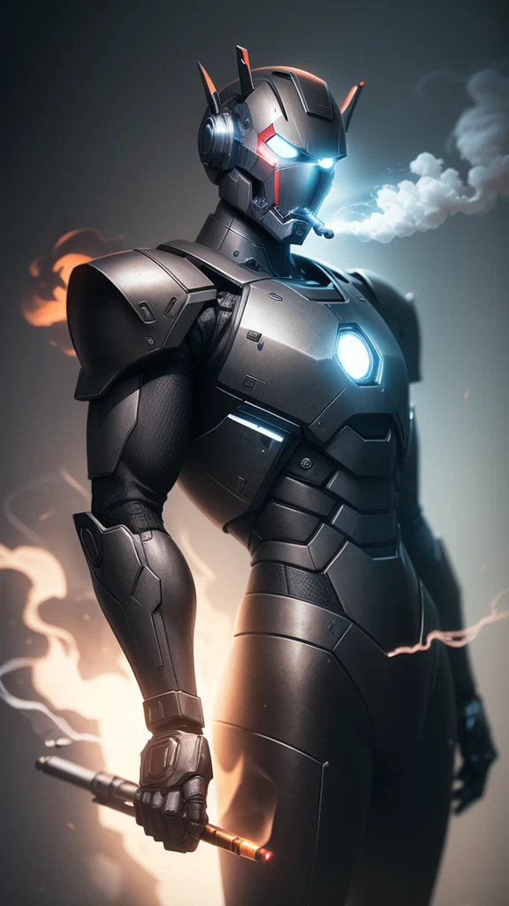 A calm iron robot in a black suit smoking a cigarette