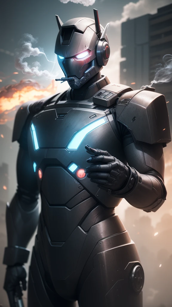 A calm iron robot in a black suit smoking a cigarette