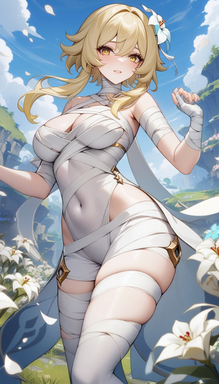masterpiece, best quality, very aesthetic, absurdres, 1girl, mature_lady, Mummy_clothes, bandage_clothes, bandaged_chest, bandaged_fingers, bandaged_hand, bandaged_head, bandaged_neck, bandaged_thighs, bandaged_pants, bandages cover body, ,lumine_(genshin_impact), genshin_impact, blonde_hair, short_hair_with_long_locks, sidelocks, yellow_eyes, hair_flower, hair_ornament, flower, white_flower,,surrounding by flowers,falling_petals, outdoors, petals,,floating_hair,covered_navel