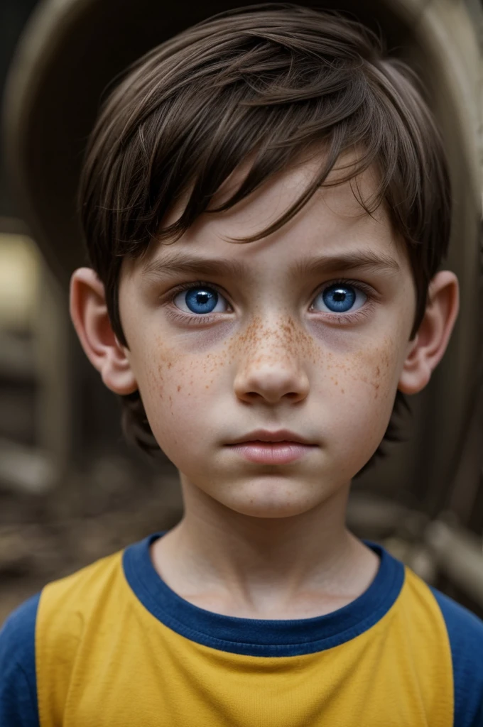 A boy, dark brown hair, long to the ears, careless, eyes of different colors, the left one is blue and the right one is yellow, pale skin and freckles on the nose, small nose, thin lips and big eyes, saw what you can find in the apocalypse