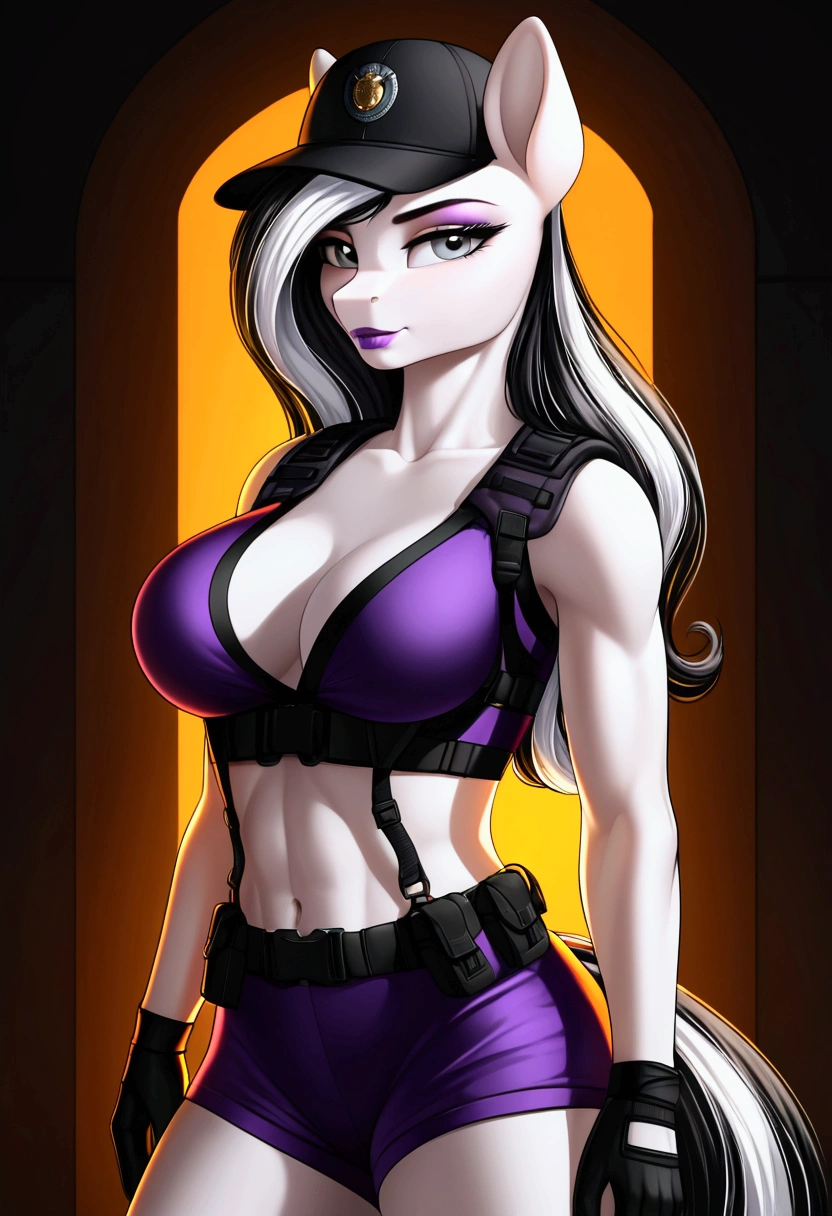 vibrant colors, 8K, high resolution, highly detailed, masterpiece, ((my little pony)), (black striped white hair), (pale white body), (gray eyes) seductive face, woman's tactical gear, standing, big breasts, beautiful body, cap, background military desert hangar, purple lips