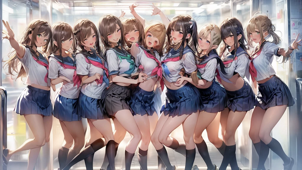 ((masterpiece, Highest quality, High resolution, 超High resolution, Pixel Perfect, Written boundary depth, 4K, RTTX 10.0, Human Development Report))), 1 Girl, single, alone, beauty、View the whole body、(masterpiece: 1.2, Highest quality, masterpiece, Clearer images), (Bright colors), ((Take clear photos even from a distance)), (Multiple Girls), (Harem), ((((school uniform)))),(School classmates), ((( All school uniforms have the same design))), (((Everyone is wearing the same navy blue skirt))), ((In the classroom)),(((Take off))),((Change of clothes))),((16 years old)), (cute Japanese((6 Girls))), (((Baby Face))), ((Group shot)), (((Group selfie))),(((Play))),Wide-angle, Soft Light, (Slightly larger breasts), ((The audience was delighted)), landscape、((Grab your chest:1.3)),(((Good elevator:1.2)))、((Green Eyes, Beautiful eyelashes, Realistic eyes)), ((Detailed face, blush:1.2)), ((Smooth texture:0.75, Vibrant质感:0.65, Vibrant:1.1, Anime CG Style)), Mid-chest, Perfect body, Beautiful curves、Beautiful feet、thin、smile, attractive way to sit, 1 Girl, Aerith Gainsborough, Hair Ribbon, bracelet, Brown Hair, Side Lock, Parted bangs, Green Eyes, Braiding, (((Swimwear、bikini、2012年に流行したSwimwearのデザイン)))、((((M-shaped legs:1.4)))、((Grab your chest:1.3)),(((Good elevator:1.2)))、Close one eye、Stick out your crotch