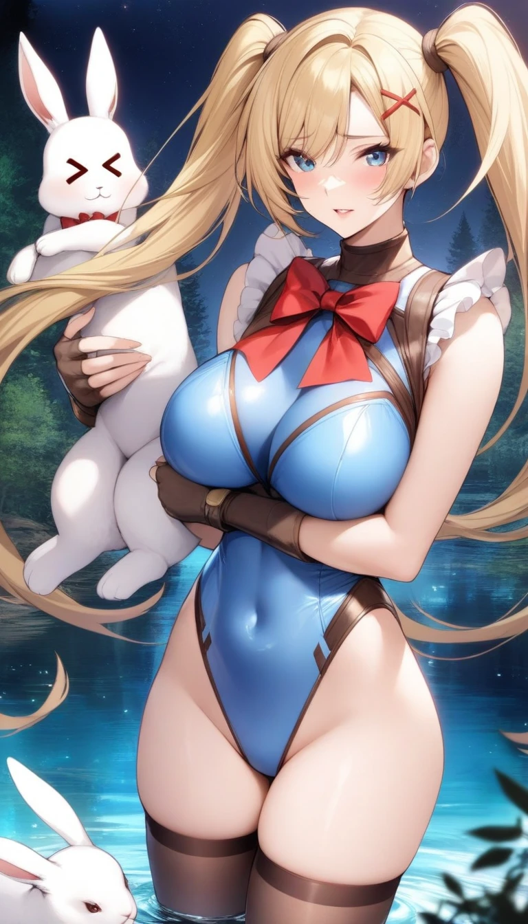 masterpiece, best quality, very aesthetic, absurdres, 1girl, mature_lady, hug 2 big white rabbits,upper body,,marie_rose(dead_or_alive), dead_or_alive_5, 1girl, long_hair, twintails, blonde_hair, x_hair_ornament, athletic_leotard, blue_leotard, bodysuit, bow, red_bow, bowtie, red_bowtie, covered_navel, fingerless_gloves, frilled_leotard, frills, highleg_leotard, skin_tight, sleeveless_turtleneck_leotard, thighhighs,besides a blue lake, night sky,stars,forest,Reflections in the water,,blur background,background defocus