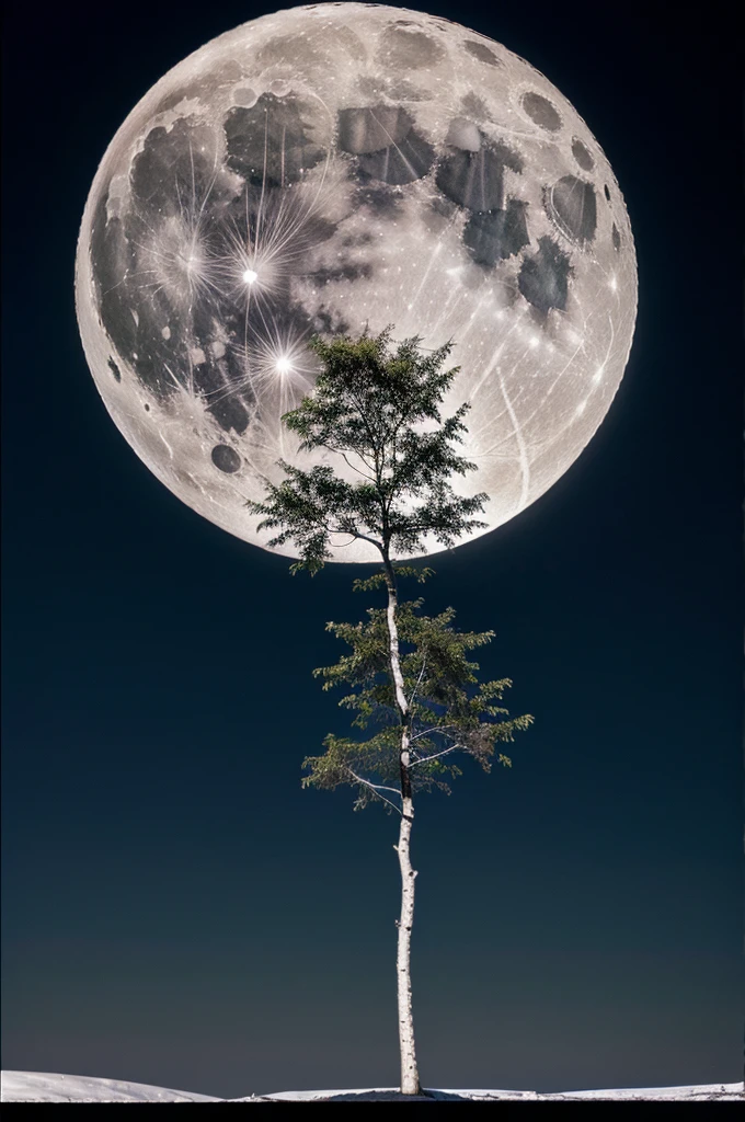 Big white moon with small black tree in middle 