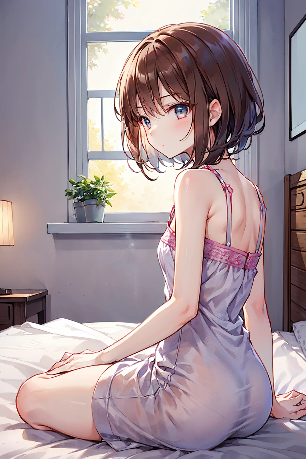 How to sit a girl，Written boundary depth, Delicate eyes, Distinctive nose line，Fine skin、Smooth、Perfect beauty、Small breasts、thin，((Natural style))，Brown Hair、Truly beautiful、Beautiful profile，Perfect Style，((Boyish clothes))，Shortcuts，Western-style room，On the bed，The lighting is dim，My face turned red、((Girly clothes))，
