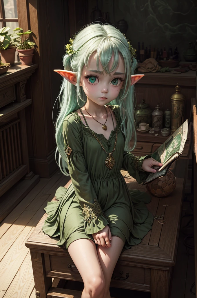 (Realisttic:1.2), analog photo style, (cute goblin wooman looking like elf, intensed green serpent's eyes, surrounded by a gloomy antique setting), (her full body s a visual pleasure), faint smile, soft shading expresses beautiful skin texture, silk material, Graceful curve, necklace, rich and lustrous hair, three dimensional effect, gloomy dark atmosphere, play of light in the sun rays, a delicate balance between beauty and darkness, faded colours, great quality, Masterpiece, intricate fantasy background, naturally cinematic light, 16k quality, HDR, RAW photo