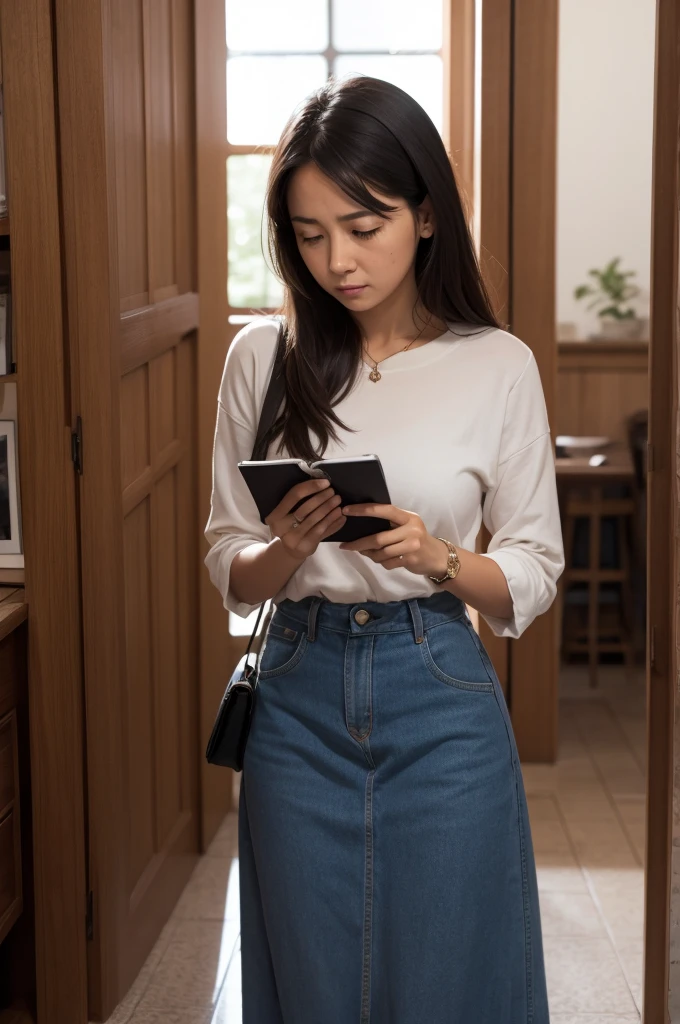 A woman looking at a photograph 