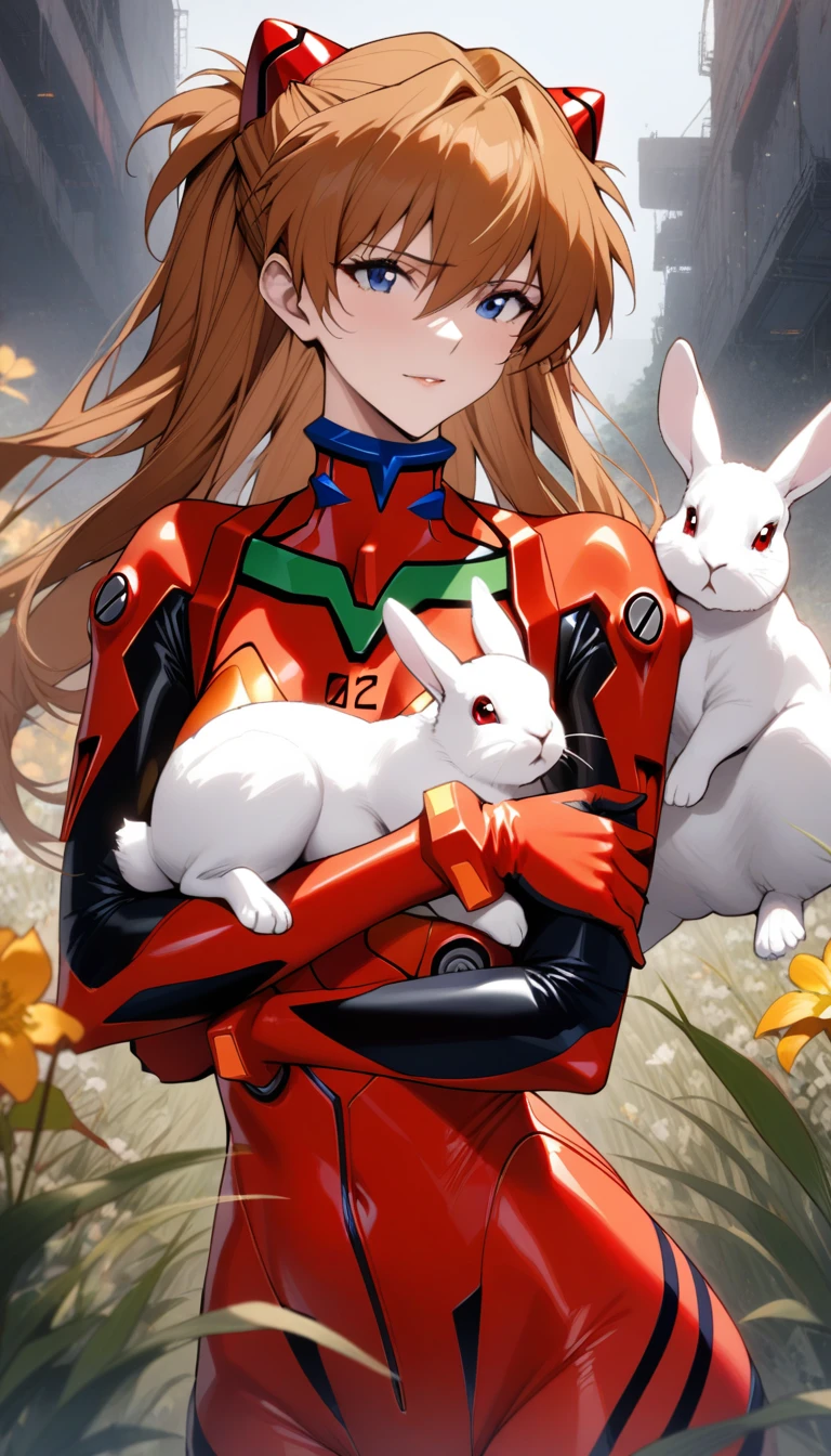 masterpiece, best quality, very aesthetic, absurdres, 1girl, mature_lady, hug 2 big white rabbits,upper body,,souryuu asuka langley, neon genesis evangelion, rebuild of evangelion, plugsuit, pilot suit, red bodysuit,,grasses and flowers,floating_clothes