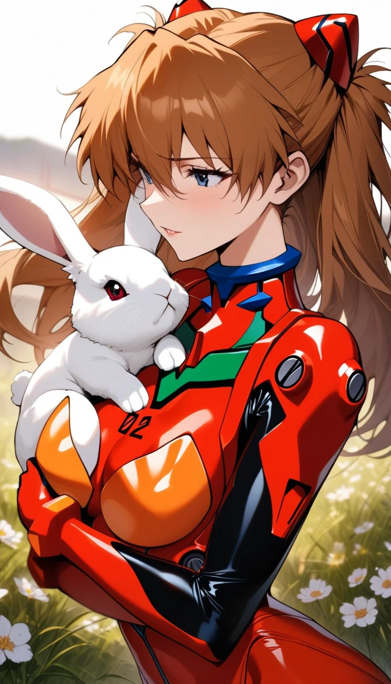 masterpiece, best quality, very aesthetic, absurdres, 1girl, mature_lady, hug 2 big white rabbits,upper body,,souryuu asuka langley, neon genesis evangelion, rebuild of evangelion, plugsuit, pilot suit, red bodysuit,,grasses and flowers,floating_clothes