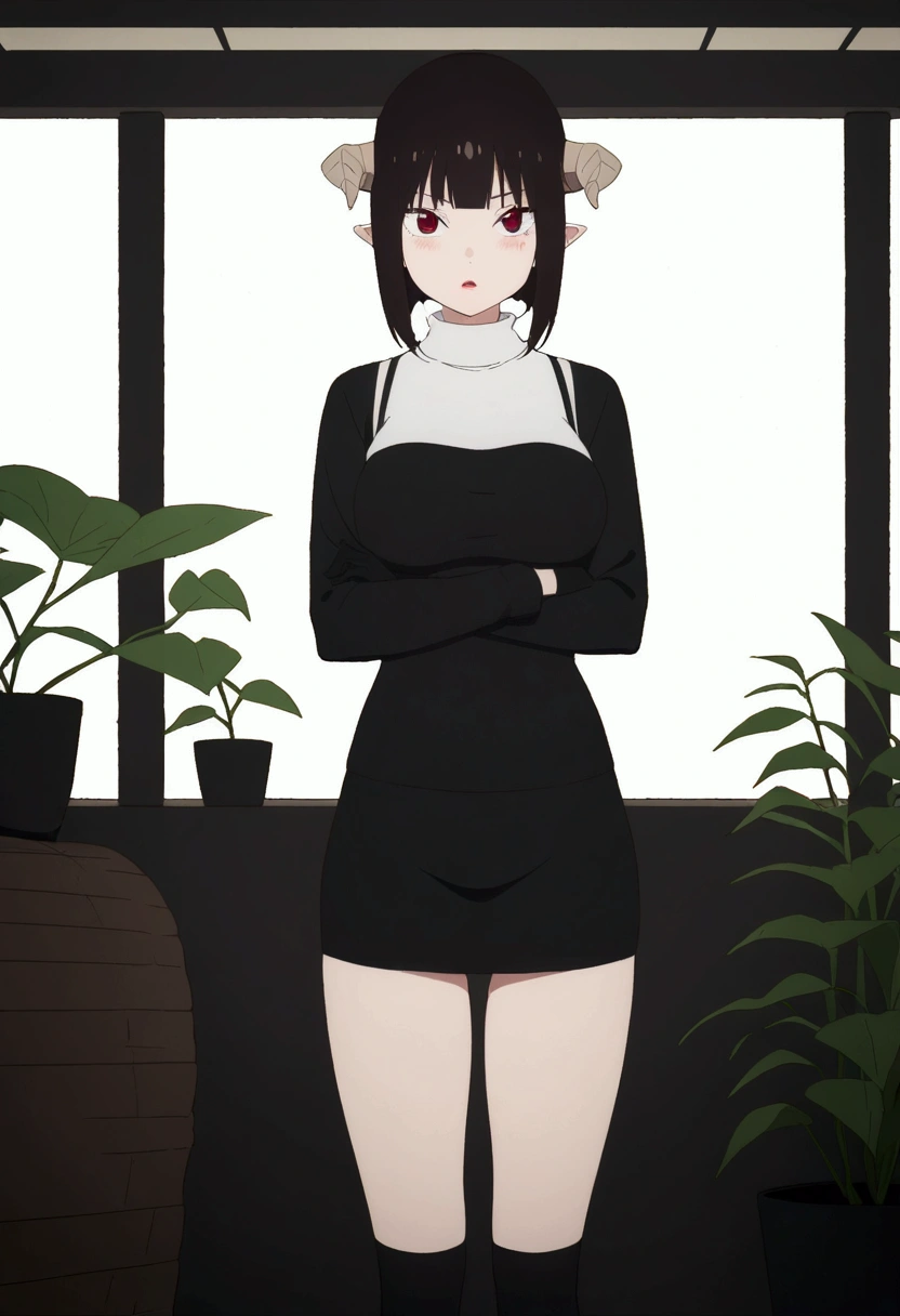 (work of art, ultra detali,high resolution,8K), 1 girl ,standing alone,hinterland,Look to viewer, TochaTortura, trunk,sheen,brunette skin,tight white turtleneck sweatshirt,black socks,standing,brava,horns on head,blushed,face red,arms crossed,room,plant,Eyes red,black short skirt,black glove,large bosom,low lighting,ombre
