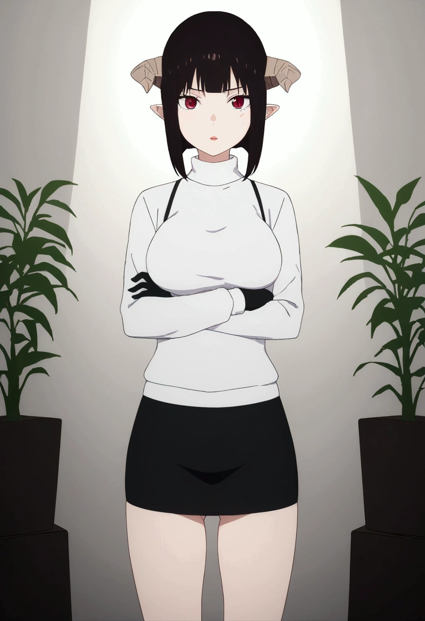 (work of art, ultra detali,high resolution,8K), 1 girl ,standing alone,hinterland,Look to viewer, TochaTortura, trunk,sheen,brunette skin,tight white turtleneck sweatshirt,black socks,standing,brava,horns on head,blushed,face red,arms crossed,room,plant,Eyes red,black short skirt,black glove,large bosom,low lighting,ombre
