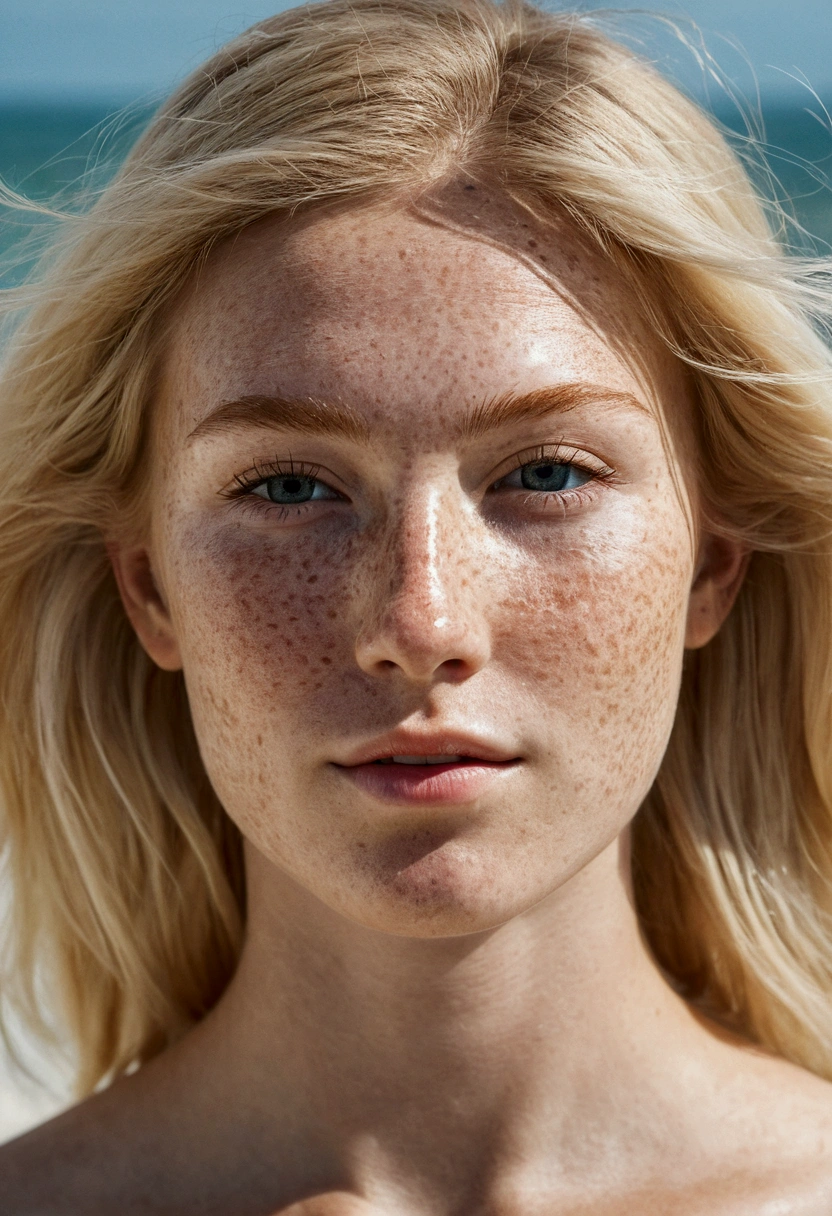 summer6, portrait d&#39;a beautiful blonde, Detailed skin texture, light freckles, beach, 比基尼, front view