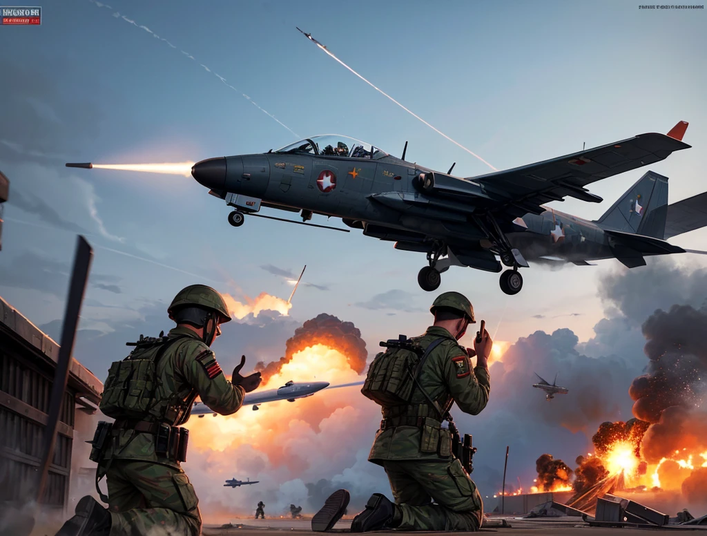 The military base is under attack, the soldiers are panicking and warplanes are launching missiles to the base