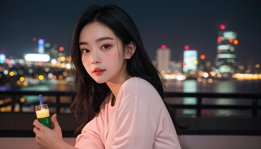 ((best quality)), ((masterpiece)), (detailed), 1girl, sexyhighest quality, masterpiece, Very detailed, Detailed Background, One girl, Young girl, Sexy Girls, Long black hair girl,　 Atmospheric lighting, Focus Only, close　 Depth of written boundary, Bokeh　City Pop Beautiful Eyes　B90,W60，H90 White Skin　Pink lighting　Light pink clothes pixel, Cool colors, green,Shinjuku at night in the background, Skyscraper, Skyline, Modern, Colorful lights, dark, A girl in the foreground, whole body,greenい瞳　I&#39;m wearing headphones　Cleavage　No text needed　
