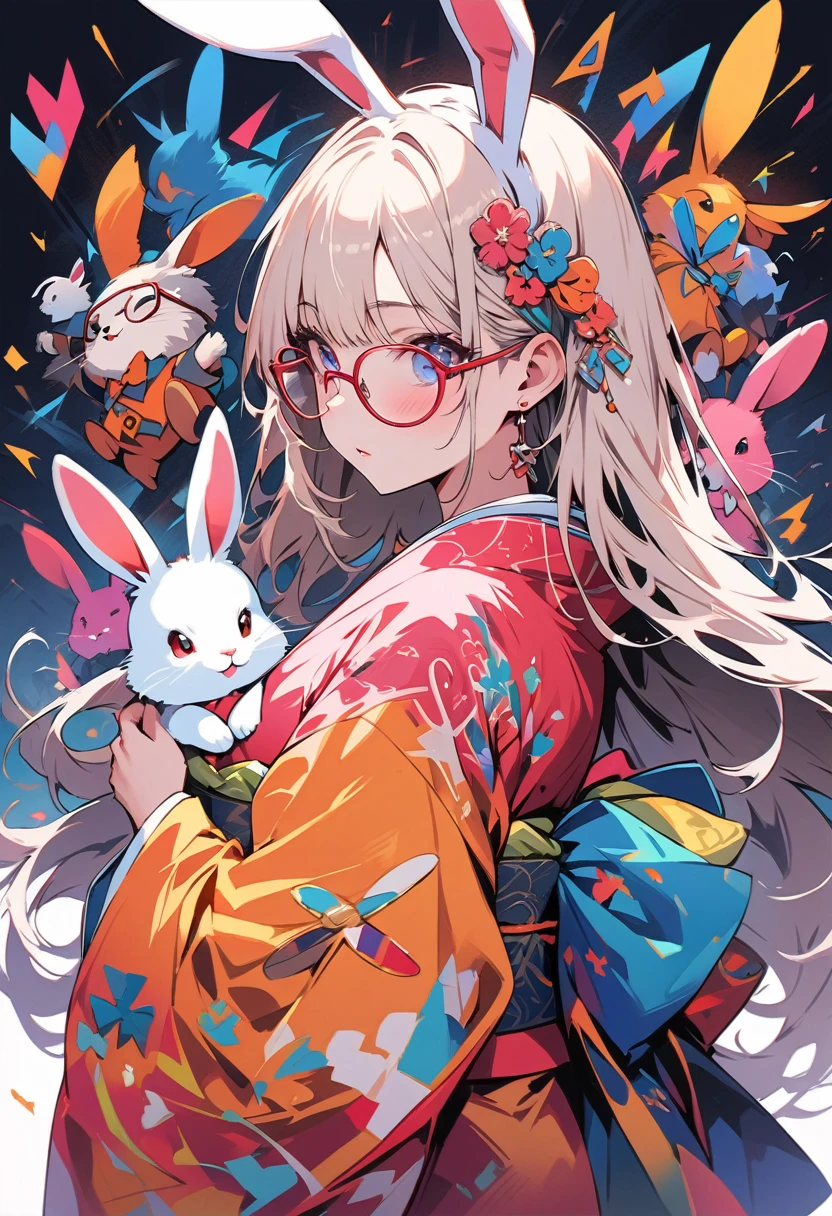 masterpiece, Highest quality, Very detailed, Create digital artworks in the pop art style、It features an intricately detailed bunny boy.、kimono、Surrounded by vintage rabbit motifs、Vivid brushwork、Emotions must be dynamic、drawing、shape、Colorless background、A lot of rabbitale、Glasses