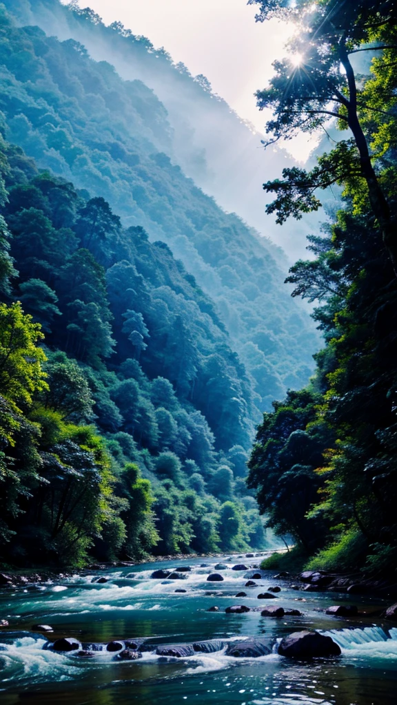 Blue sky and blue river and a forest and light rain