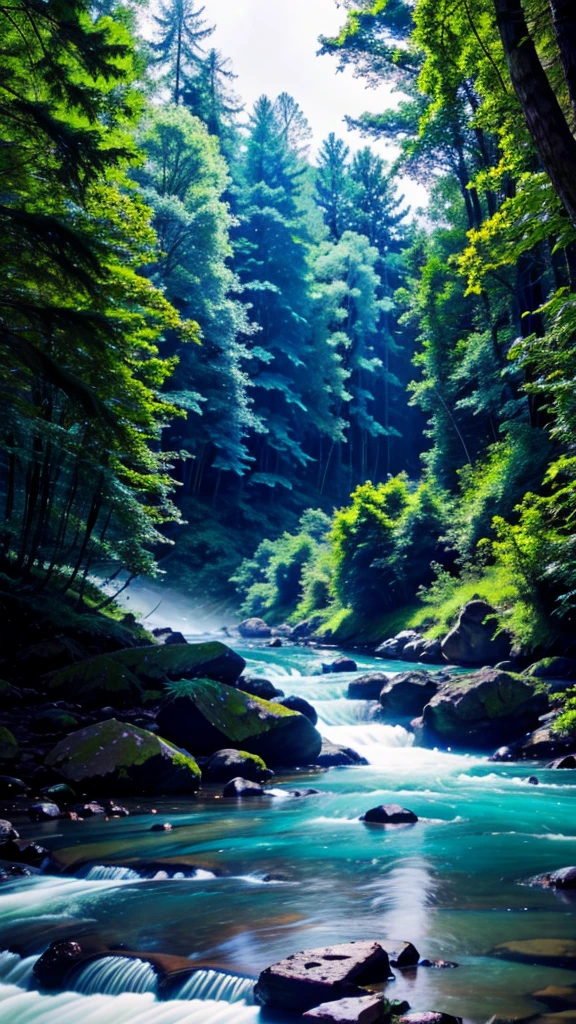 Blue sky and blue river and a forest and light rain