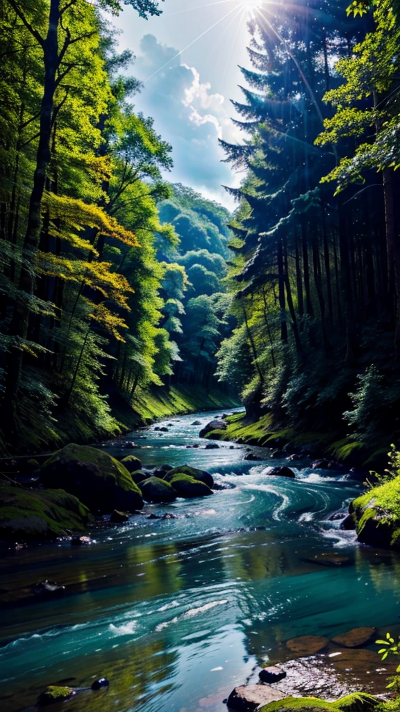 Blue sky and blue river and a forest and light rain