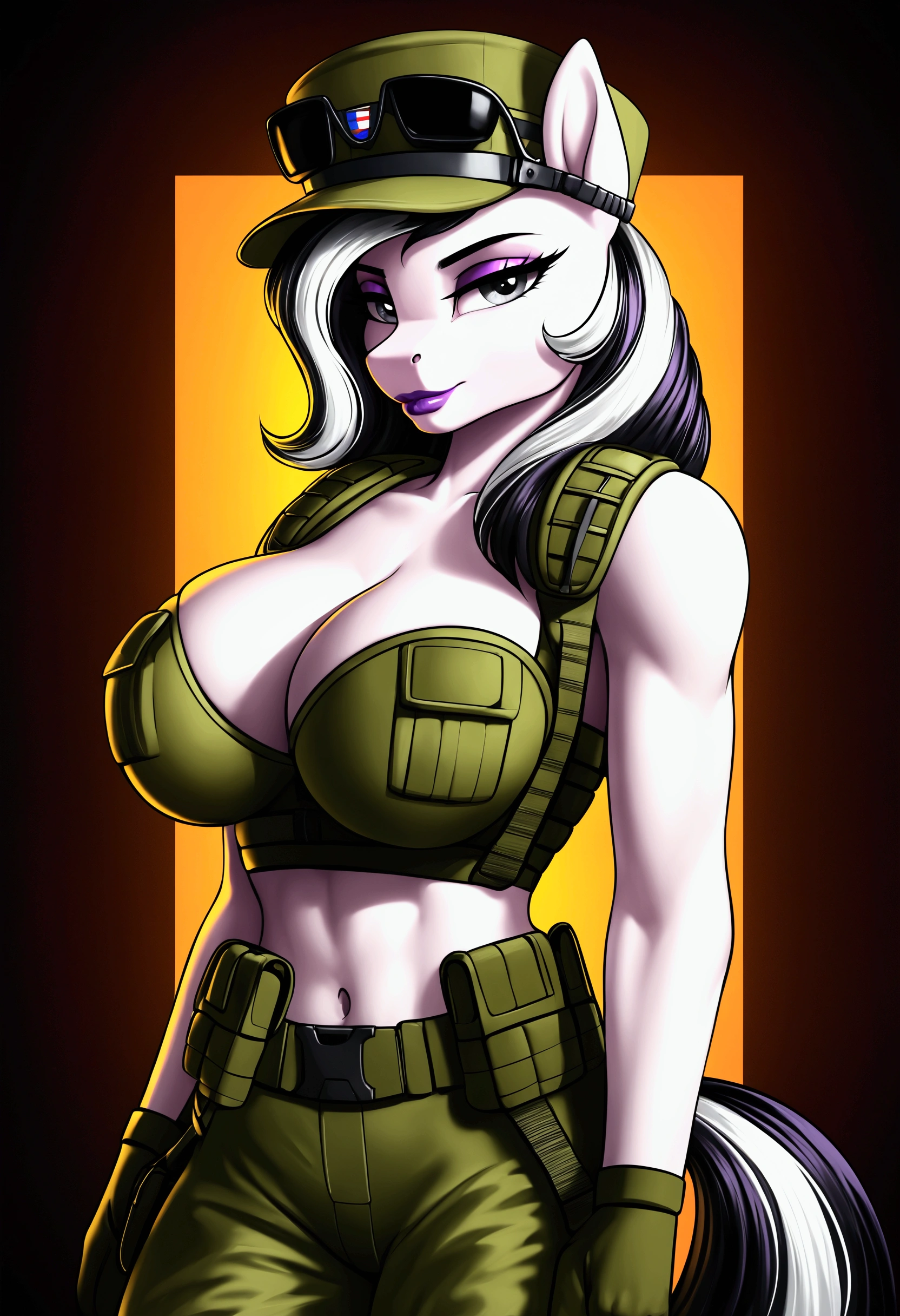 vibrant colors, 8K, high resolution, highly detailed, masterpiece, ((my little pony)), (black striped white hair), (pale white body), (gray eyes) seductive face, woman's tactical gear, standing, big breasts, beautiful body, cap, background military desert hangar, purple lips