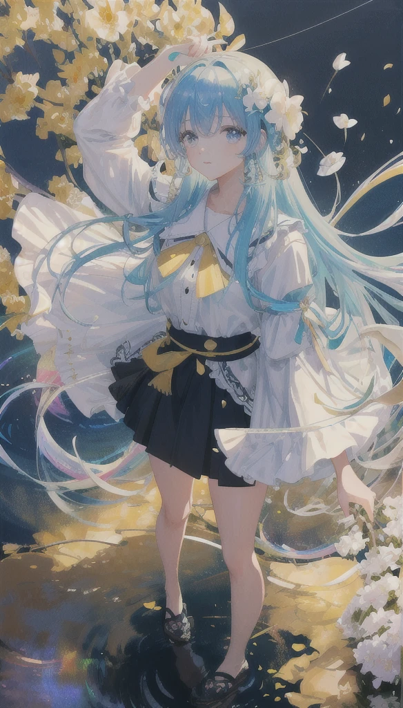 (masterpiece), (best quality), (ultra detailed),(disheveled hair),(illustration), (1girl), (Fashionable clothing), standing, Fashion model, looking at viewer, (interview), (simple background),beautiful detailed eyes, delicate beautiful face, Floating,(high saturation),(colorful splashes),colorful bubble,(shining), focus on face, kamisato ayaka, light blue hair, bangs, hair ring, floating flowers, floating hairs.Girl, anime waifu, looking at viewer, highlydetailed, reflections transparent iridescent colors, long transparent iridescent RGB hair, artby Serafleur from artstation, thick acrylic,illustration on pixiv, waist up portrait, gorgeoussacred girl, best quality, ultra detailed,sad,clever,beautiful face , beautiful lighton black background, Character stvle renderedby Octane,