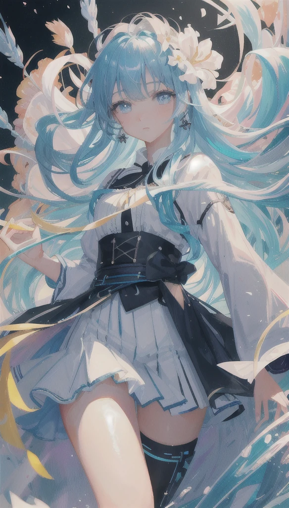 (masterpiece), (best quality), (ultra detailed),(disheveled hair),(illustration), (1girl), (Fashionable clothing), standing, Fashion model, looking at viewer, (interview), (simple background),beautiful detailed eyes, delicate beautiful face, Floating,(high saturation),(colorful splashes),colorful bubble,(shining), focus on face,  kamisato ayaka, light blue hair, bangs, hair ring, floating flowers, floating hairs.Girl, anime waifu, looking at viewer, highlydetailed, reflections transparent iridescent colors, long transparent iridescent RGB hair, artby Serafleur from artstation, thick acrylic，illustration on pixiv, waist up portrait, gorgeoussacred girl, best quality, ultra detailed,sad,clever,beautiful face , beautiful lighton black background, Character stvle renderedby Octane, 
