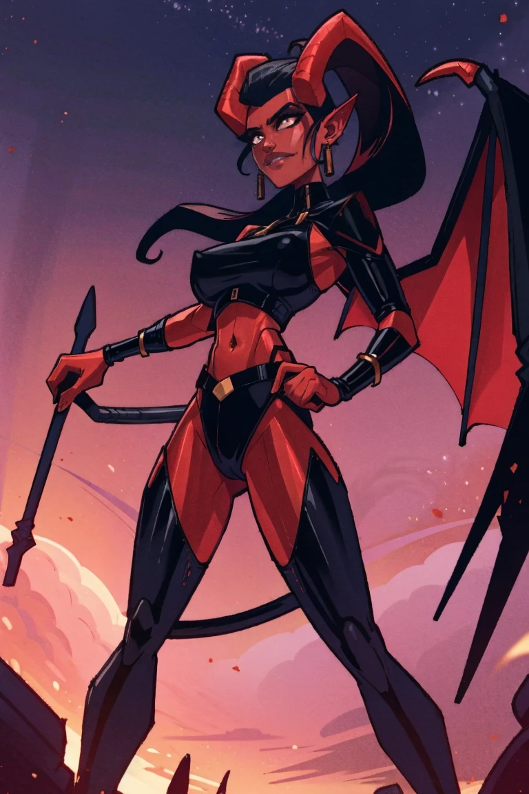 Red skin succubus tiefling, digitigrade legs, full breasts, huge breasts, black horns, wings, huge tail, black leather, crop top, long flowing pelvic curtain, tall, athletic, graceful, thin, long black ponytail. Action scene, whip. Dark scene, explosions, night sky.