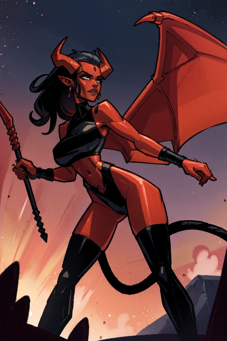 Red skin succubus tiefling, digitigrade legs, full breasts, huge breasts, black horns, wings, huge tail, black leather, crop top, long flowing pelvic curtain, tall, athletic, graceful, thin, long black ponytail. Action scene, whip. Dark scene, explosions, night sky.